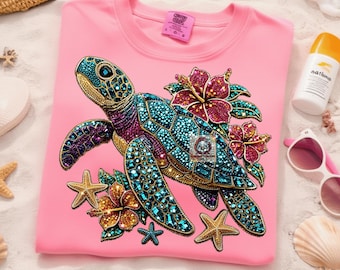 PNG estivo con strass, PNG tartaruga marina preppy, PNG spiaggia estiva retrò, sublimazione tartaruga floreale tropicale, PNG estivo sarcastico