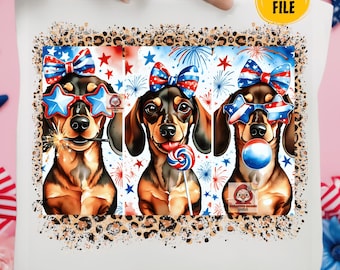Trio di bassotti patriottici PNG, design hot dog del 4 luglio, bassotto con bandiera americana, rosso bianco blu png, sublimazione cane giorno dell'indipendenza