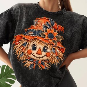 Scarecrow PNG, Denim Patchwork Scarecrow, Distressed Fall PNG, Frayed Fabric Pumpkin Hat, Autumn Sublimation Design