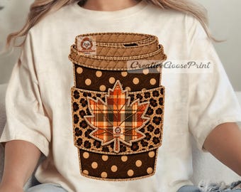 Fall Coffee Cup PNG, Leopard Print, Cozy Season Sublimation, Trendy Polka Dot Fall T-shirt PNG, Autumn Patchwork, Coffee Pumpkin Spice Fall