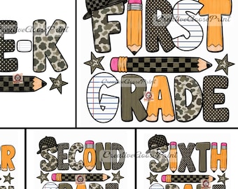 May include: A collection of five school-themed graphic designs featuring the text PRE-K, FIRST GRADE, KINDERGARTEN, SECOND GRADE, and SIXTH GRADE. Each design incorporates patterns like leopard print, polka dots, and lined paper, with pencil motifs.