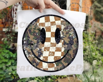 Retro Hunting Smiley Face PNG, Camo Checkered Distressed Sublimation, Cozy Camo, Mama Hunting Gift