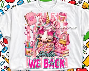 May include: A white t-shirt featuring a graphic of a unicorn with a gold horn, wearing star-shaped pink sunglasses and a patterned bandana. The design includes school supplies like a notebook, pencils, a backpack, and the text Hello WE BACK.