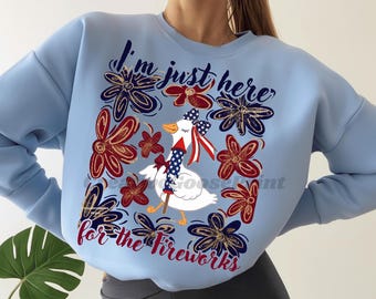 4th of July Goose PNG, Patriotic Fireworks Goose, Just Here For The Fireworks, USA Sublimation, Boho Floral Goose Png, Mama Goose Png