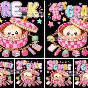 May include: A digital graphic set featuring school grade levels from Pre-K to 7th Grade. Each design displays a pink checkered steamer basket containing a smiling dumpling, surrounded by school-themed charms like a bus, books, and a calculator.