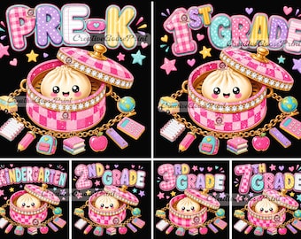 May include: A digital graphic set featuring school grade levels from Pre-K to 7th Grade. Each design displays a pink checkered steamer basket containing a smiling dumpling, surrounded by school-themed charms like a bus, books, and a calculator.