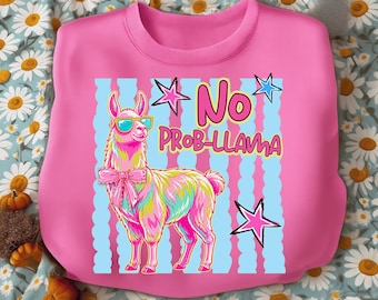 No Prob-Llama Retro Neon PNG, Lama divertente PNG, Design di lama a righe preppy, Estetica estiva retrò PNG, Lama con fiocco civettuolo