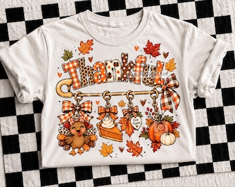 Thankful Fall Sublimation PNG, Thanksgiving Turkey Pumpkin Pie Pumpkin Coquette Bow, Preppy Safty Pin Autumn Design (Digital Download)