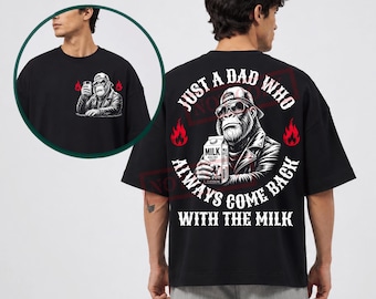 Divertente design per maglietta da papà PNG, Solo un papà che tornava sempre con il latte, Maglietta divertente sulla paternità, Papà scimmia divertente PNG, Design fronte e retro