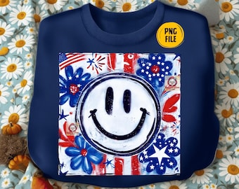 Boho Flower 4th of July Smiley Face PNG, Patriotic Smiley, American Flag Coquette bow PNG, Red White Blue Girl PNG, Independence Day Png