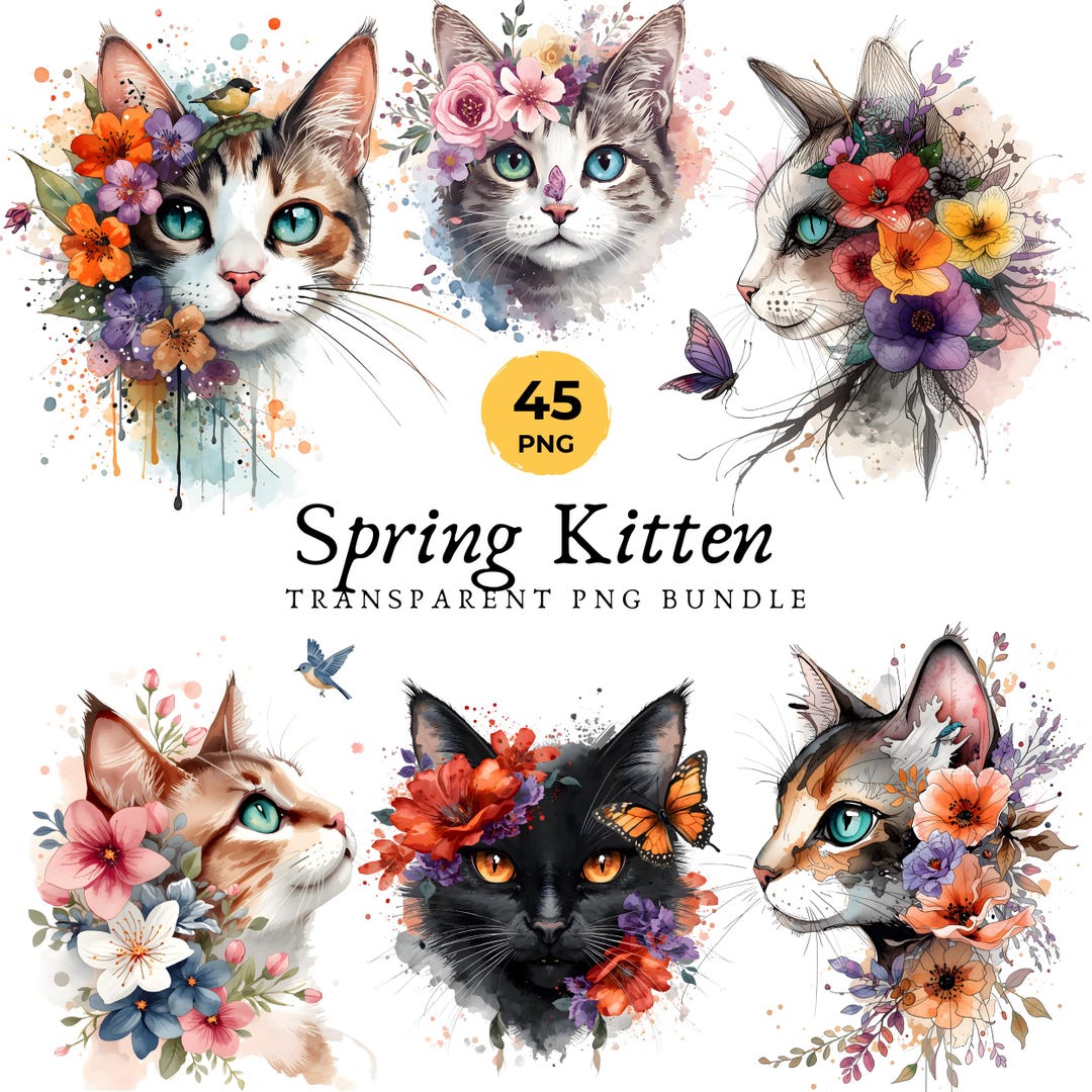 Spring Kitten Color Spring Kitten Clipart Bundle – 45 Watercolor Floral Cat PNG – Whimsical ...