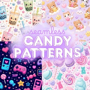 Puede incluir: Un collage digital de cuatro patrones continuos que presentan té de burbujas con caras sonrientes, animales lindos sosteniendo corazones y estrellas, consolas y mandos de videojuegos pixelados, y dulces como macarons, piruletas y algodón.