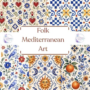 Puede incluir: Un collage de patrones con corazones rojos, flores azules, frutas naranjas y caras de sol y luna. La etiqueta rectangular blanca central muestra el texto marrón Folk Mediterranean Art. El diseño incluye pájaros azules y motivos de azulejos.