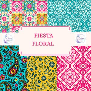 Puede incluir: Un collage digital con patrones vibrantes que incluyen azulejos florales rosas y amarillos, damasco verde azulado, cachemira turquesa con detalles amarillos, enredaderas florales amarillas y una cuadrícula floral de diamantes rosa. El texto central dice FIESTA FLORAL.