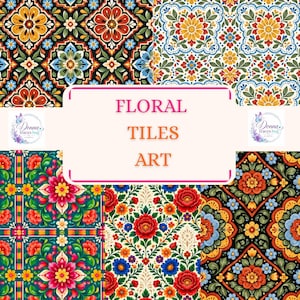 May include: A digital collage of floral tile patterns featuring vibrant red, yellow, blue, and green botanical motifs on black and white backgrounds. The centre contains a white rectangular label with the text FLORAL TILES ART.