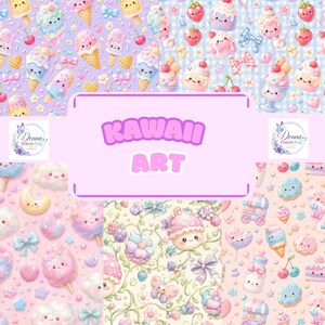 Puede incluir: Un collage digital de patrones con lindos postres, dulces y elementos celestiales antropomórficos en colores pastel. La superposición rectangular blanca central muestra el texto KAWAII ART en letras mayúsculas redondeadas de color morado claro.