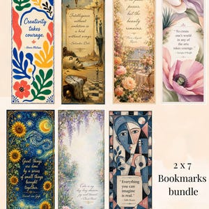 Puede incluir: Un conjunto de siete marcapáginas rectangulares con diseños artísticos y citas de artistas famosos. Cada marcapáginas muestra ilustraciones únicas, incluyendo patrones florales, paisajes surrealistas y retratos abstractos con texto impreso.