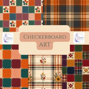 Puede incluir: Un collage digital que presenta varios patrones, incluyendo una cuadrícula de patchwork con motivos florales, un diseño de cuadros y un fondo crema con hojas de otoño y girasoles. El texto "CHECKERBOARD ART" está centrado en un recuadro marrón claro.