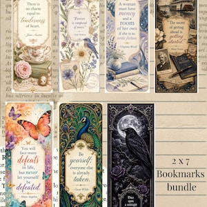 Puede incluir: Un conjunto de siete marcapáginas rectangulares con citas literarias e ilustraciones artísticas que incluyen motivos florales, pájaros, un barco de vapor, mariposas, un pavo real y un cuervo, con el texto 2 x 7 Bookmarks bundle a la derecha.