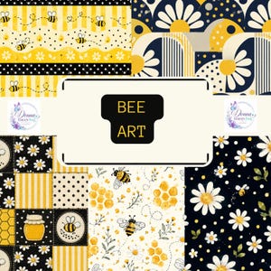 Bee and Daisy Seamless Patterns, Floral Digital Paper, 5-Design Cottagecore Bundle