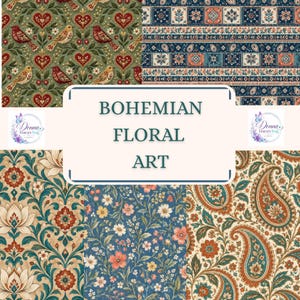 Puede incluir: Un collage digital de patrones textiles con pájaros, corazones, motivos florales y diseños de cachemira en tonos rojo, azul, verde y crema. La superposición rectangular blanca central muestra el texto BOHEMIAN FLORAL ART en verde oscuro.