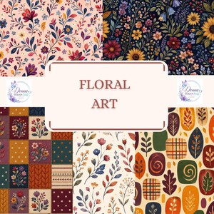 Autumn Floral Seamless Patterns, Jewel Tone Botanical Digital Paper, 5-Design Fall Bundle