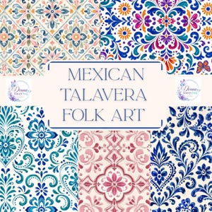 Puede incluir: Un collage digital que presenta cuatro secciones distintas de patrones de arte popular mexicano Talavera en azul, rosa, naranja y verde azulado. El texto central dice MEXICAN TALAVERA FOLK ART, flanqueado por dos logotipos circulares con el texto Donna traces hug.