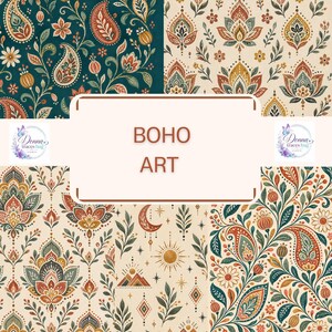 Puede incluir: Un collage digital con patrones repetitivos de cachemira, motivos florales y elementos celestiales en tonos verde azulado, óxido y crema. El centro contiene un recuadro blanco con el texto BOHO ART y dos logotipos de Donna traces hug.
