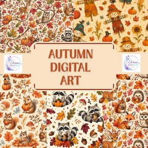Puede incluir: Una colección de arte digital con patrones repetitivos de temas otoñales que incluyen ciervos, búhos, ardillas, mapaches, erizos, zorros, espantapájaros, calabazas, girasoles y hojas de otoño sobre un fondo crema con el texto AUTUMN DIGITAL ART.
