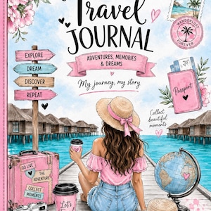 Puede incluir: Una portada de diario de viaje con el texto Travel Journal, Adventures, Memories & Dreams, My journey, my story y Collect beautiful moments. Muestra a una persona con sombrero de paja y top rosa sentada en un muelle de madera sobre el agua.