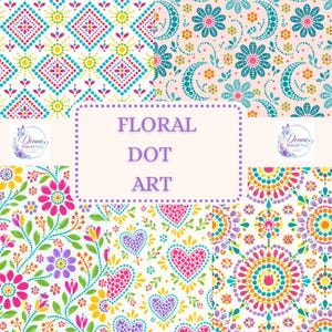 Puede incluir: Un collage digital de patrones de arte floral con puntos en colores vibrantes como rosa, turquesa, amarillo y naranja. Los diseños incluyen formas geométricas, flores, corazones y mandalas. El texto "FLORAL DOT ART" está centrado en un recuadro.