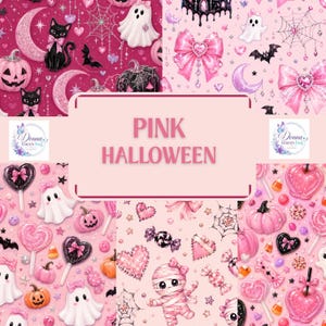 Puede incluir: Un collage digital con patrones repetitivos de motivos de Halloween en rosa y negro, incluyendo fantasmas, calabazas, murciélagos, arañas, lazos, corazones y dulces. El centro contiene una etiqueta rectangular con el texto PINK HALLOWEEN.