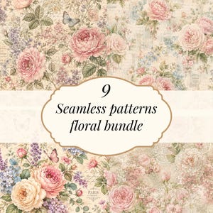 Puede incluir: Una colección digital de 9 patrones florales sin costuras con rosas rosas y crema, ramas de lavanda, mariposas y texto manuscrito vintage sobre un fondo beige. El texto central dice 9 Seamless patterns floral bundle.