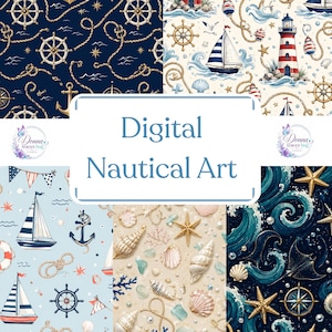 Puede incluir: Una colección de arte náutico digital con patrones de fondos azul marino con timones y cuerdas, un fondo crema con faros y veleros, un patrón azul claro con anclas y un diseño azul oscuro con olas del océano, estrellas de mar y rayas marinas.