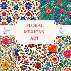 Mexican Embroidery Seamless Patterns, Otomi Floral Digital Paper, 5-Design Bundle