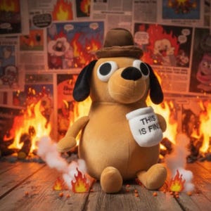 Puede incluir: Un peluche de perro con sombrero marrón y orejas negras, sosteniendo una taza con la frase "THIS IS FINE". El perro está sentado frente a un fondo de llamas y recortes de periódicos. Humo y pequeñas llamas a los pies del perro.