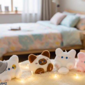 May include: Four plush cat-shaped toys in white, brown, and pink, with embroidered facial features. The toys are arranged on a fluffy white surface with string lights, in front of a bed with a floral patterned duvet.