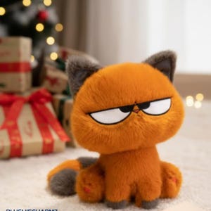 Könnte beinhalten: Ein orangefarbener Plüschkater mit grimmigem Gesichtsausdruck, weißen Augen und schwarzen Augenbrauen. Die Katze hat graue Ohren und einen grauen Schwanz. Das Plüschtier sitzt auf einer weißen Oberfläche, mit verpackten Geschenken und einem Weihnachtsbaum im Hintergrund.