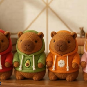 May include: Four plush capybaras wearing different colored hoodies: red with a leaf, green with an avocado, orange with a cloud, and pink with a strawberry. The plushies are brown with dark brown noses and eyes.