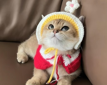 Knitted Daisy Ruffle Crochet Pet Bonnet – Cute Hat for Cats and Small Dogs