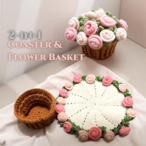 Virkad Rosenunderlägg + Mini Blomkrukkorg Set – Blommig Rosenmuggmatta – Söt Alla hjärtans dag-present