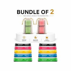 May include: A bundle of two drawstring storage bags containing resistance bands, with the text BUNDLE OF 2, TWO LEVELS. DOUBLE THE POSSIBILITIES. Ten flat resistance bands in black, pink, yellow, blue, and green, labelled with EMPOWERED ORIGINALS.