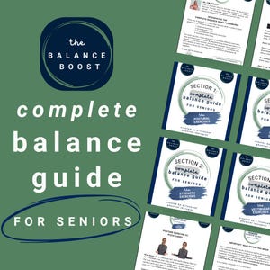 Può includere: Una guida completa sull'equilibrio per anziani, con il testo "the BALANCE BOOST". La guida include sezioni su esercizi posturali, di forza e vestibolari. La copertina è di colore verde acqua scuro con testo bianco.