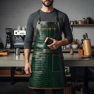 May include: Green leather apron with a crocodile texture, brown trim, and a silver buckle. The apron has two front pockets and adjustable straps. The person is holding a small leather wallet.