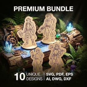 Könnte beinhalten: Holzausschnitte von Fantasy-Charakteren werden auf einem Baumstamm mit Zahnrädern, Kristallen und Zaubertränken präsentiert. Die Worte "PREMIUM BUNDLE" und "10 UNIQUE DESIGNS" sind zu sehen. Die Bildformate sind SVG, PDF, EPS, AI, DWG und DXF.