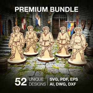 May include: A collection of five wooden figures of medieval characters, each holding a sword. The figures are on circular bases, with the text "PREMIUM BUNDLE" above them. The image also includes the text "52 UNIQUE DESIGNS" and file type information.