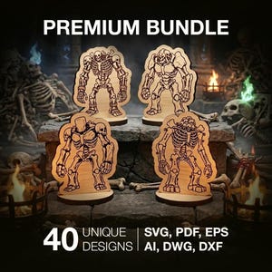 Puede incluir: Cuatro figuras de esqueletos de madera, cortadas con láser con detalles intrincados. La imagen incluye el texto "PREMIUM BUNDLE" y "40 UNIQUE DESIGNS" con opciones de formato de archivo. El fondo tiene un tema oscuro de fantasía.