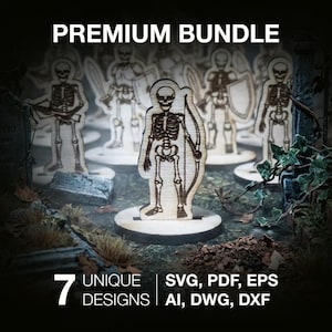 Skeleton Archers SVG, 7 laserowo wycinanych figurek RPG do gry Undead Tabletop, pliki Glowforge LightBurn, zestaw do grawerowania