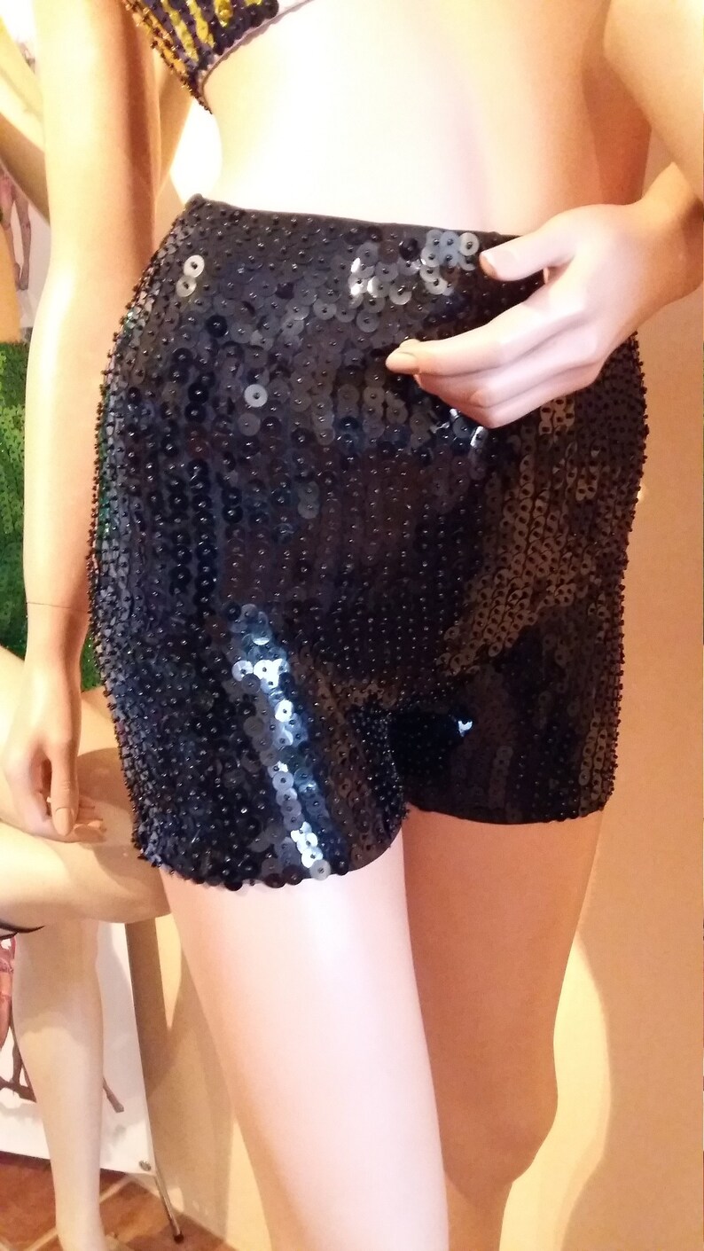 Sequin elastic Pants DanceClubbingDrag Queen performance Thick Material BLACK High waist Shorts Will fit AU size 8-14 ! MLXL Size