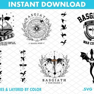 May include: A collection of black and white digital designs featuring dragons, books, and celestial elements. Includes text that reads "Basgiath War College" and "I am the sky and the power of every storm that has ever been, I am infinite."